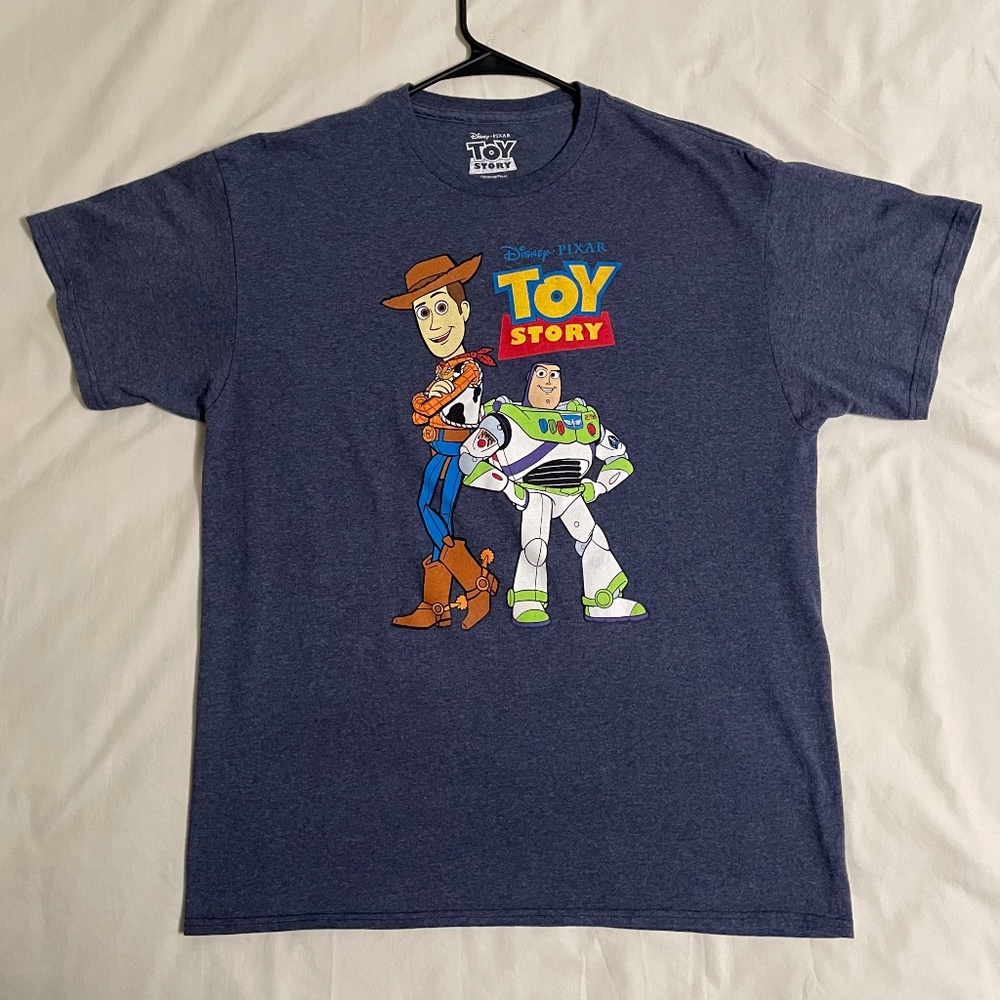 Large Disney/Pixar Toy Story T-Shirt featuring Buzz Lightyear and Woody.